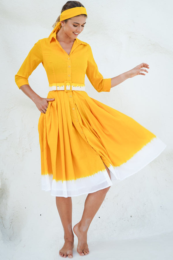 samantha sung Audrey Dress #4 Shirt Collar 3/4 Sleeve Long Length Cotton Musola (White Border Tie Dye)