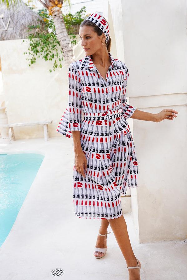 samantha sung Audrey Dress #4 Shirt Collar 3/4 Sleeve Long Length Cotton Musola (Lipstic Rouge White)