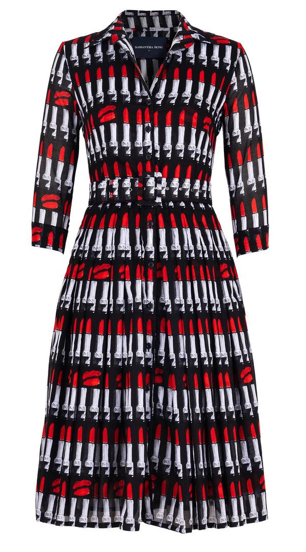 Samantha Sung Audrey Dress #4 Shirt Collar 3/4 Sleeve Long Length Cotton Musola (Lipstic Rouge Black)