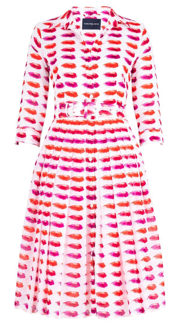Samantha Sung Audrey Dress #4 Shirt Collar 3/4 Sleeve Long Length Cotton Musola (Watercolor Lips)