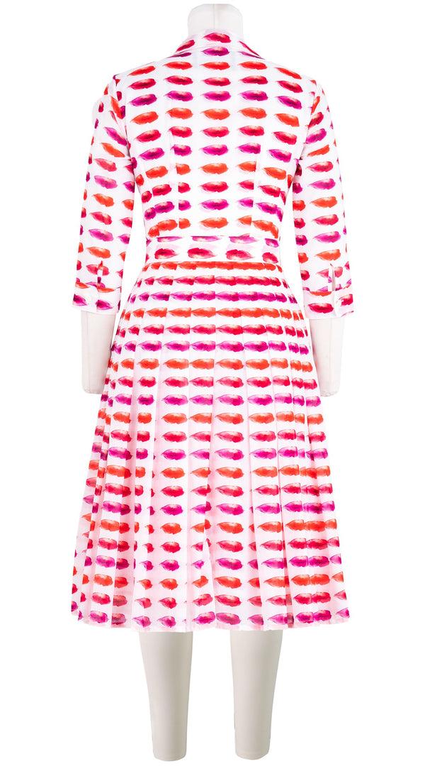 Samantha Sung Audrey Dress #4 Shirt Collar 3/4 Sleeve Long Length Cotton Musola (Watercolor Lips)