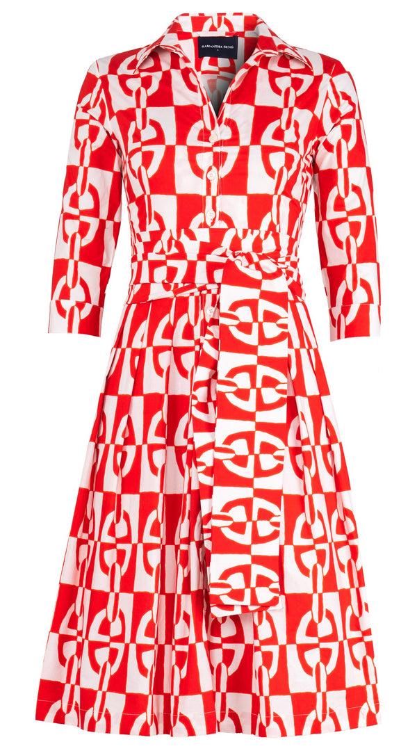 samantha sung Audrey Dress #4 Shirt Collar 3/4 Sleeve Long Length Cotton Stretch (Geometric Chain)