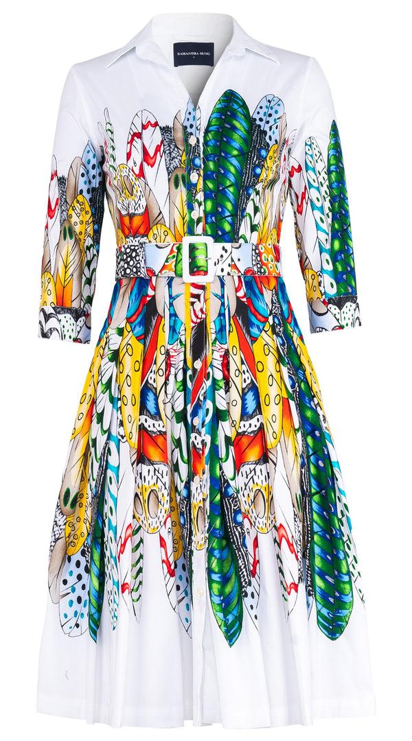 samantha sung Audrey Dress #4 Shirt Collar 3/4 Sleeve Long Length Cotton Stretch (African Feather)