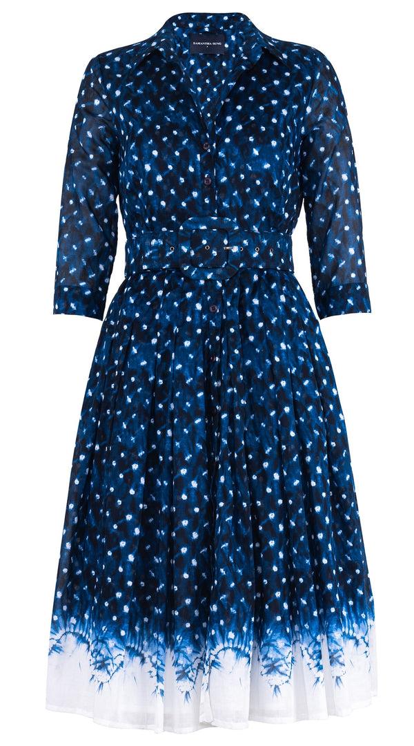 samantha sung Audrey Dress #4 Shirt Collar 3/4 Sleeve Long Length Cotton Musola (Shibori Midnight)