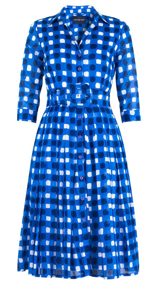 samantha sung Audrey Dress #4 Shirt Collar 3/4 Sleeve Long Length Cotton Musola (Tie Dye Gingham Small)