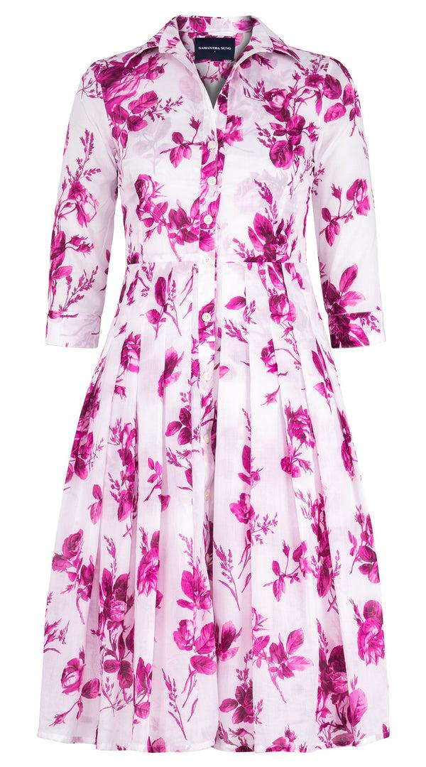Samantha Sung Audrey Dress #4 Shirt Collar 3/4 Sleeve Long Length Cotton Musola (Thorn Bud Rose Small White)