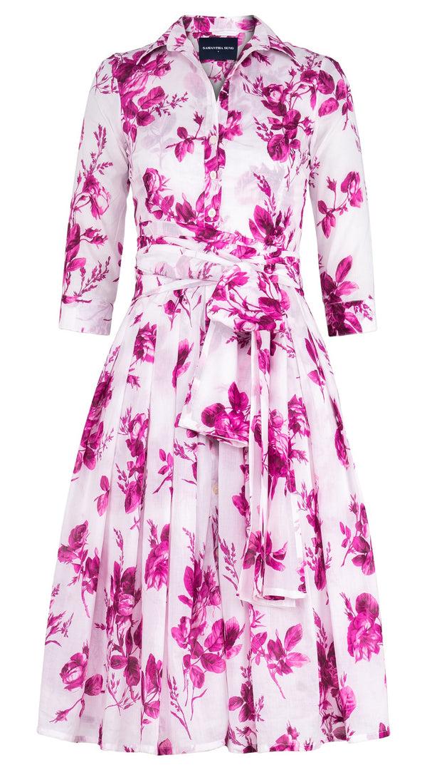 samantha sung Audrey Dress #4 Shirt Collar 3/4 Sleeve Long Length Cotton Musola (Thorn Bud Rose Small White)