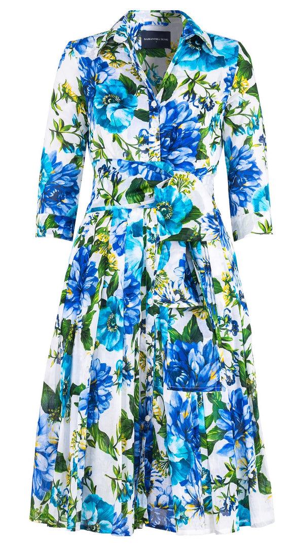 Samantha Sung Audrey Dress #4 Shirt Collar 3/4 Sleeve Long Length Cotton Musola (Los Cabos Flower White)