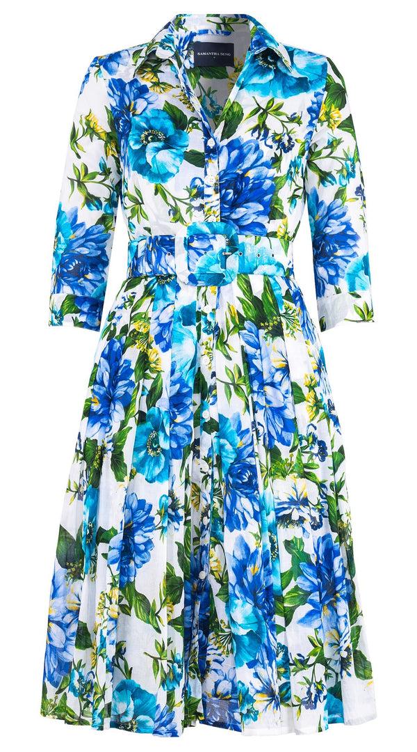 samantha sung Audrey Dress #4 Shirt Collar 3/4 Sleeve Long Length Cotton Musola (Los Cabos Flower White)