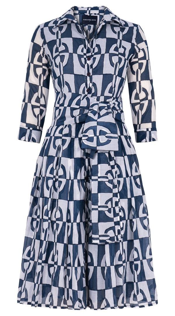 Samantha Sung Audrey Dress #4 Shirt Collar 3/4 Sleeve Long Length Cotton Musola (Geometric Chain)