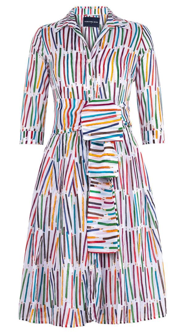 Samantha Sung Audrey Dress #4 Shirt Collar 3/4 Sleeve Long Length Cotton Musola (Prisma Pencil All Over Big)