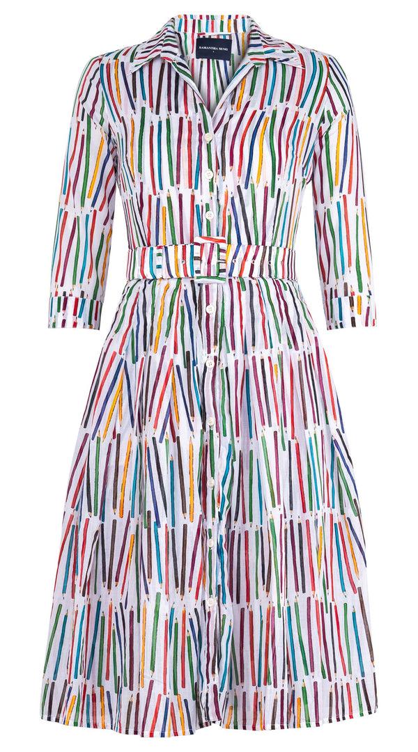samantha sung Audrey Dress #4 Shirt Collar 3/4 Sleeve Long Length Cotton Musola (Prisma Pencil All Over Big)