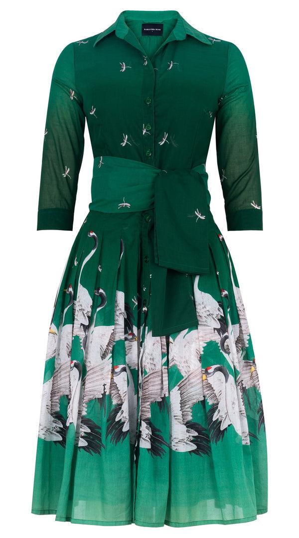 Samantha Sung Audrey Dress #4 Shirt Collar 3/4 Sleeve Long Length Cotton Musola (White Crane Ombre)