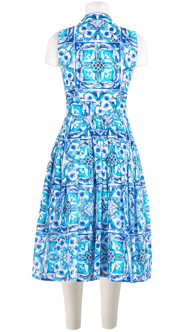 Samantha Sung Audrey Dress #4 Shirt Collar 3/4 Sleeve Long Length Cotton Musola (Carribean Tile) 4