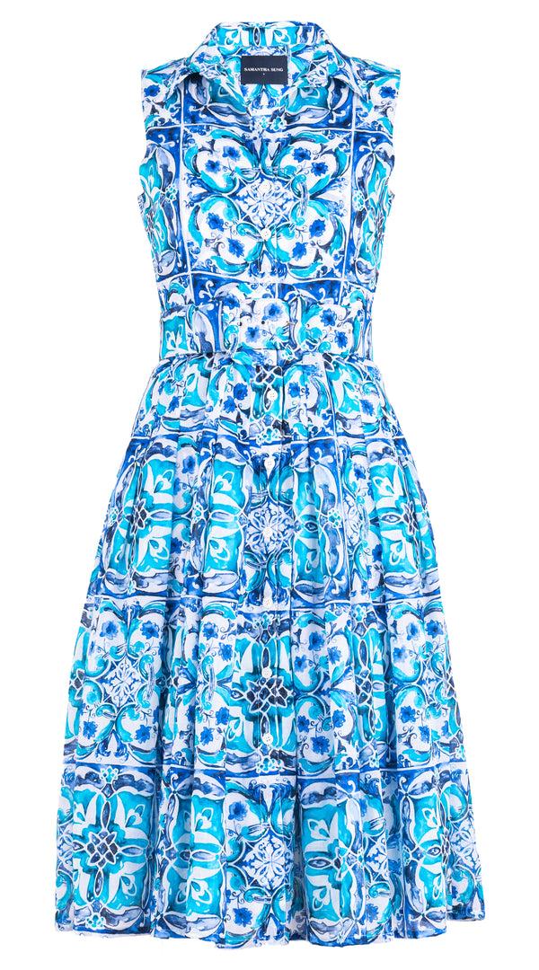 samantha sung Audrey Dress #4 Shirt Collar 3/4 Sleeve Long Length Cotton Musola (Carribean Tile) 4