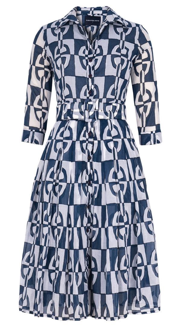 samantha sung Audrey Dress #4 Shirt Collar 3/4 Sleeve Long Length Cotton Musola (Geometric Chain)