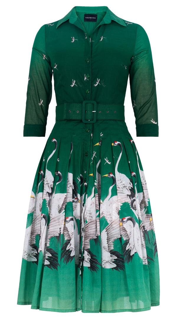 samantha sung Audrey Dress #4 Shirt Collar 3/4 Sleeve Long Length Cotton Musola (White Crane Ombre)