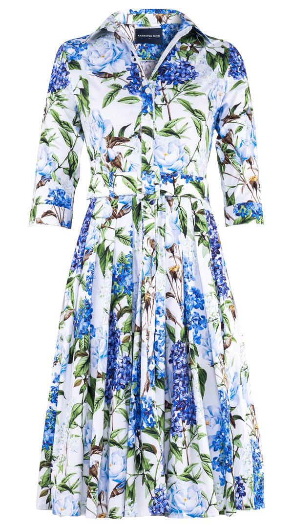 samantha sung Audrey Dress #4 Shirt Collar 3/4 Sleeve Long Length Cotton Stretch (Lilac Heaven White)
