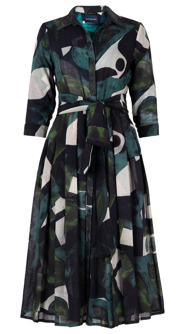 samantha sung Audrey Dress #4 Shirt Collar 3/4 Sleeve Long Length Wool (Morello Graphic Dark) - Green Jade