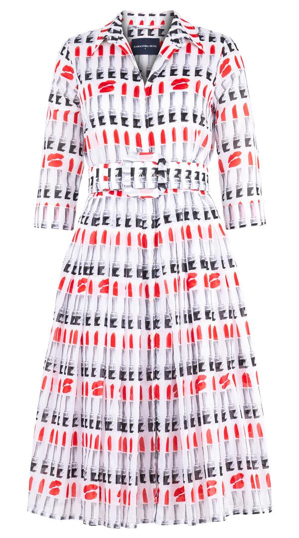 samantha sung Audrey Dress #4 Shirt Collar 3_4 Sleeve Long Musola (Lipstic Rouge White) 5