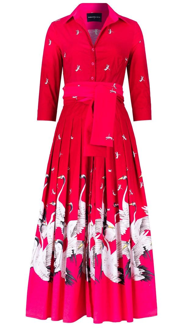 Samantha Sung Audrey Dress #4 Shirt Collar 3/4 Sleeve Maximum Length Cotton Stretch (White Crane Ombre)