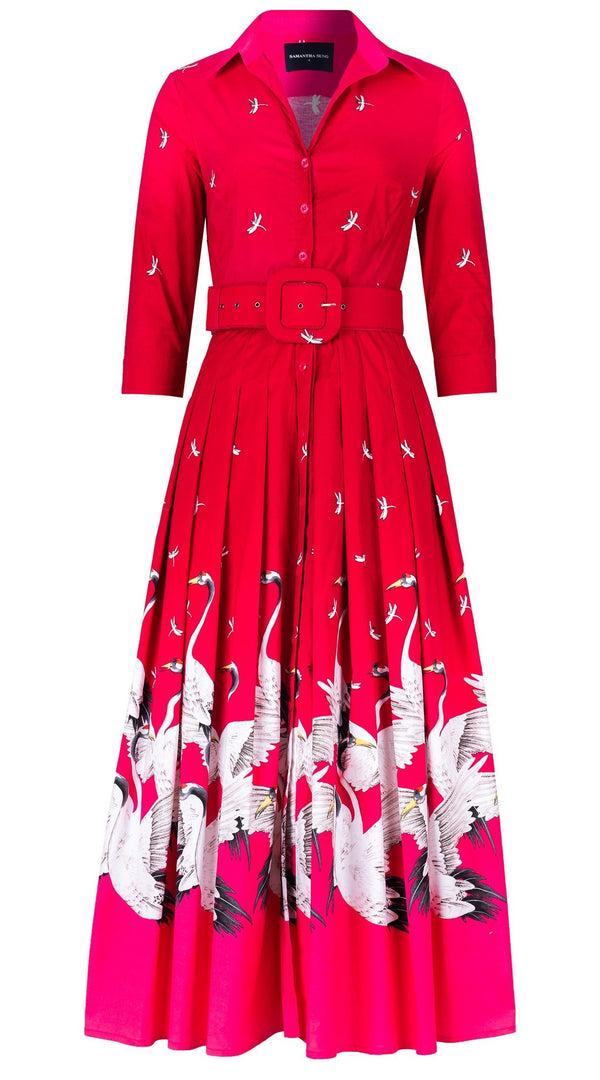 samantha sung Audrey Dress #4 Shirt Collar 3/4 Sleeve Maximum Length Cotton Stretch (White Crane Ombre)