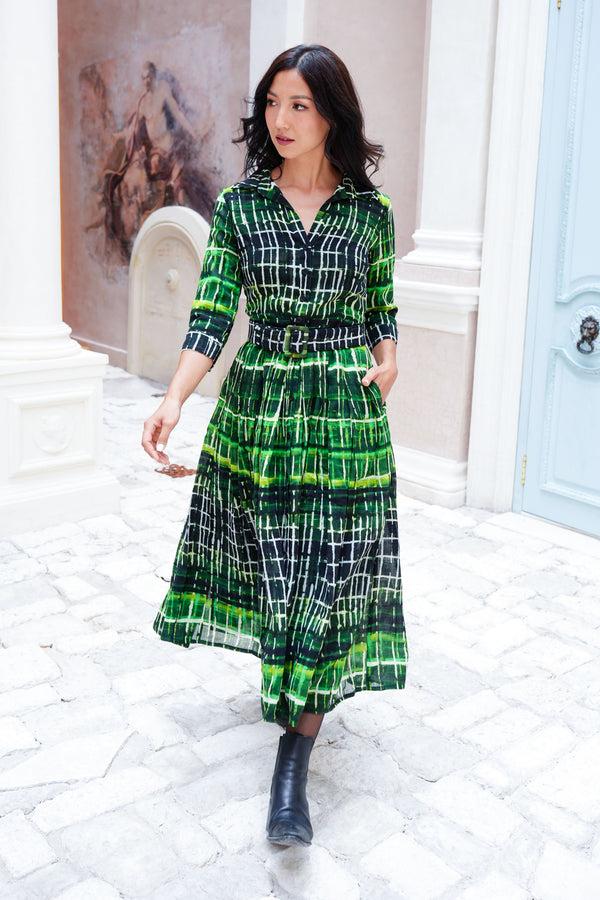 samantha Sung Audrey Dress #4 Shirt Collar 3/4 Sleeve Midi Length Wool (Watercolor Plaid Big) - Green