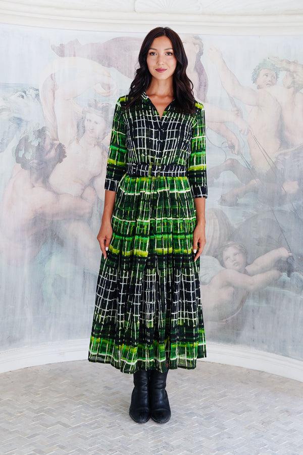 samantha Sung Audrey Dress #4 Shirt Collar 3/4 Sleeve Midi Length Wool (Watercolor Plaid Big) - Green