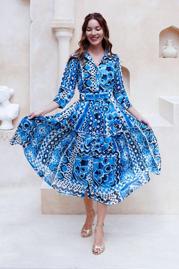 Samantha Sung Audrey Dress #4 Shirt Collar 3/4 Sleeve Midi Length Cotton Musola (Watercolor Tile Mono)