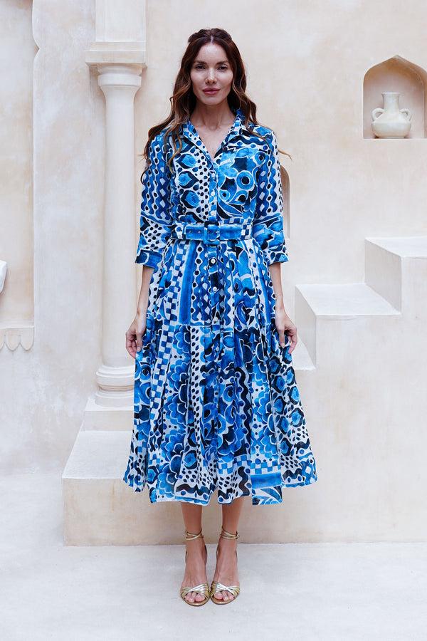 samantha sung Audrey Dress #4 Shirt Collar 3/4 Sleeve Midi Length Cotton Musola (Watercolor Tile Mono)