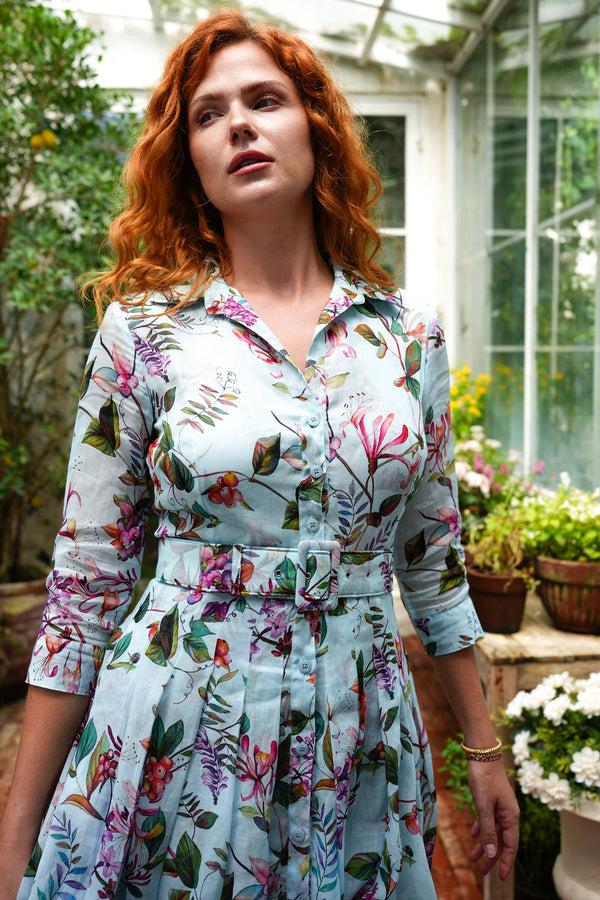Samantha Sung Audrey Dress #4 Shirt Collar 3/4 Sleeve Midi Length Cotton Musola (Gallerie Summer Bouquet)