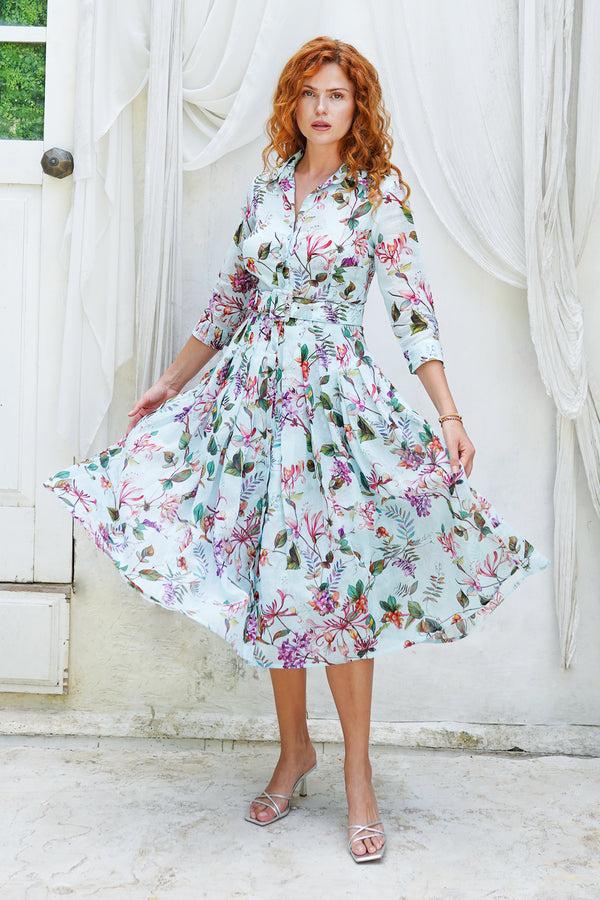 samantha sung Audrey Dress #4 Shirt Collar 3/4 Sleeve Midi Length Cotton Musola (Gallerie Summer Bouquet)