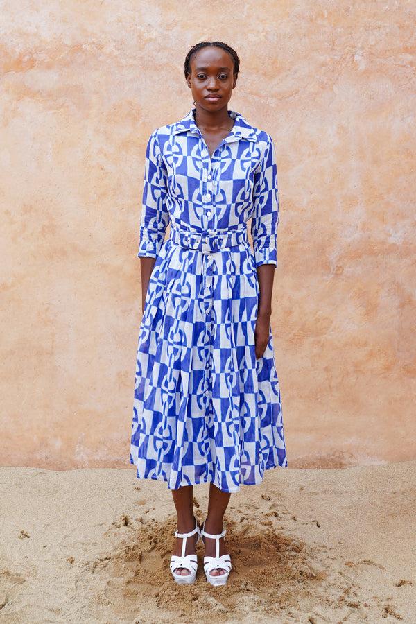 samantha sung Audrey Dress #4 Shirt Collar 3/4 Sleeve Midi Length Cotton Musola (Geometric Chain)