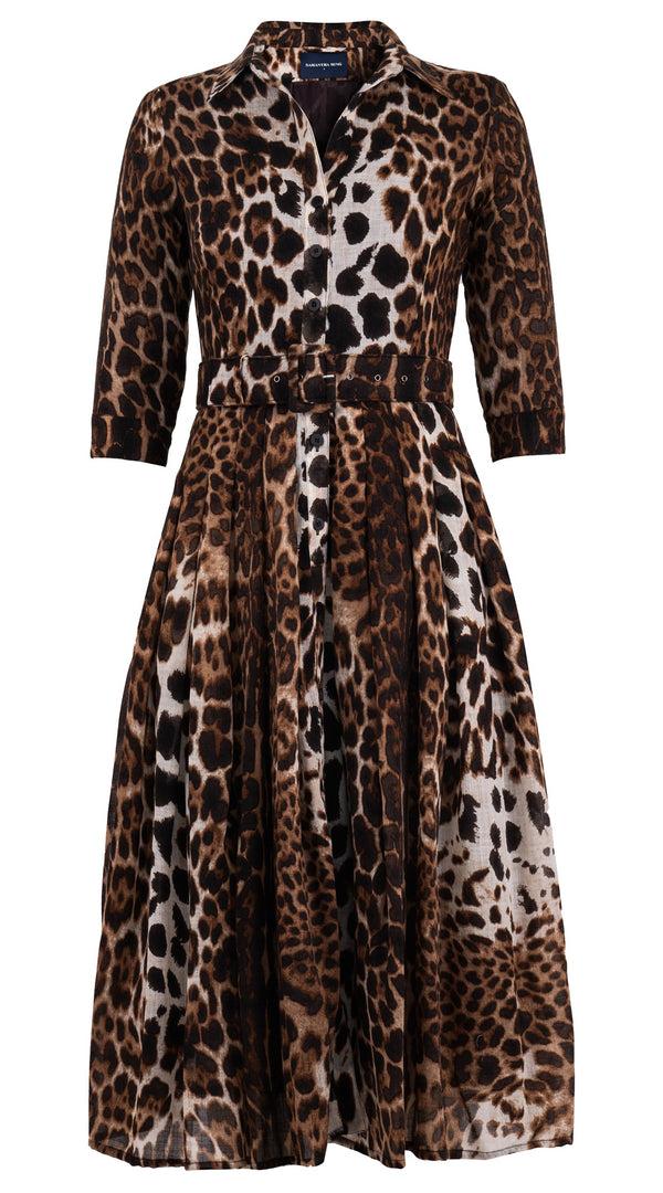 samantha sung Audrey Dress #4 Shirt Collar 3/4 Sleeve Midi Length Wool (Colombo Leopard) - Sepia