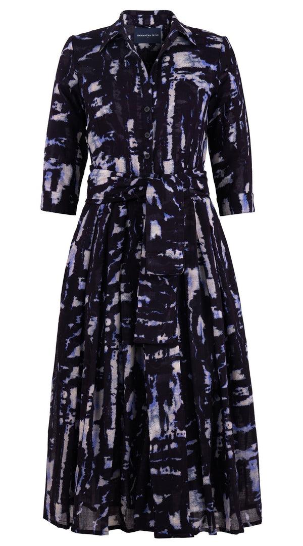 Samantha Sung Audrey Dress #4 Shirt Collar 3/4 Sleeve Midi Length Wool (Viper Zebra) - Midnight Blue