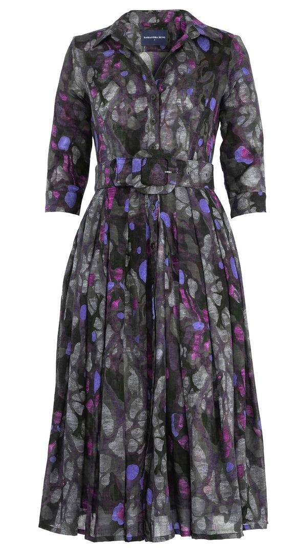 samantha sung Audrey Dress #4 Shirt Collar 3/4 Sleeve Midi Length Wool (Rangford Marble) - Grey Lilac