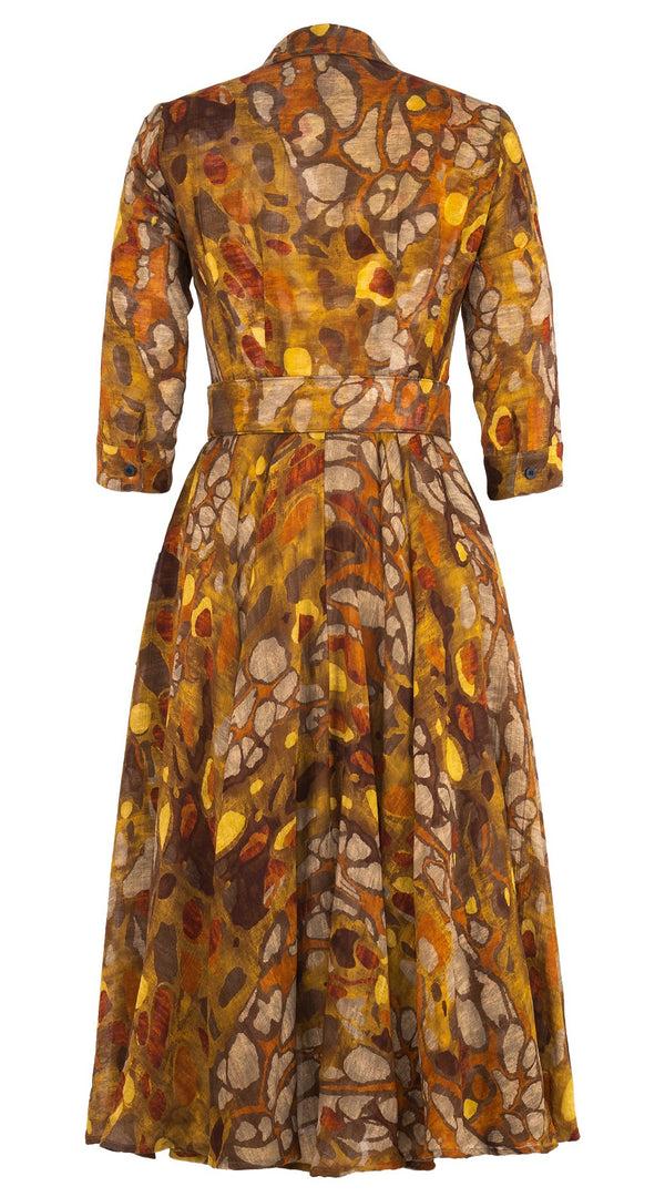Samantha Sung Audrey Dress #4 Shirt Collar 3/4 Sleeve Midi Length Wool (Rangford Marble) - Camel Yellow
