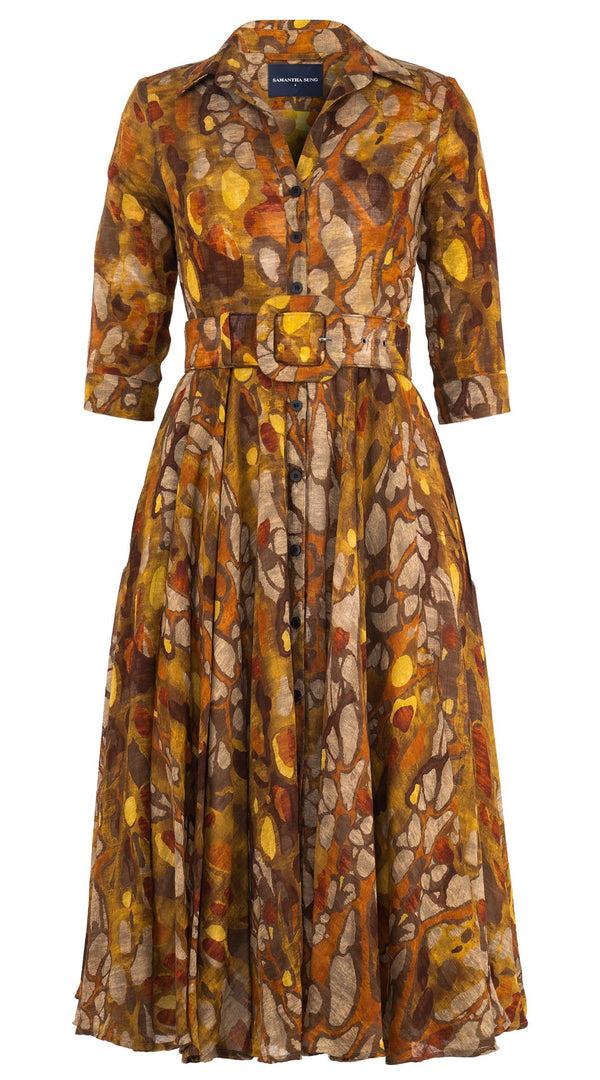 samantha sung Audrey Dress #4 Shirt Collar 3/4 Sleeve Midi Length Wool (Rangford Marble) - Camel Yellow