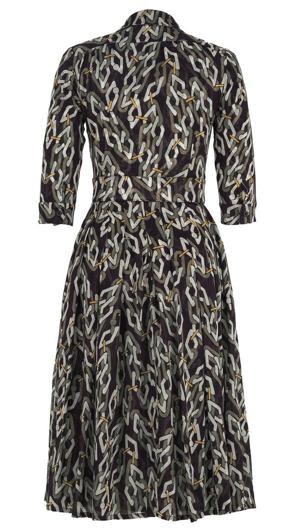 Samantha Sung Audrey Dress #4 Shirt Collar 3/4 Sleeve Midi Length Wool (Multi Chain Dark) - Olive Green