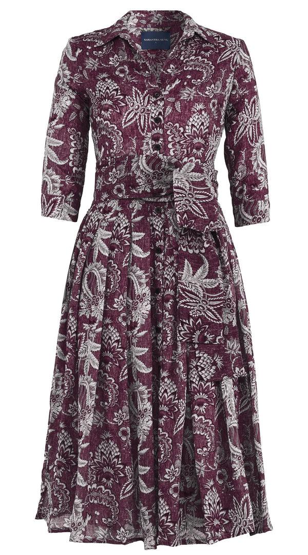 Samantha Sung Audrey Dress #4 Shirt Collar 3/4 Sleeve Midi Length Wool (Botanic Antique Dark) - Plum