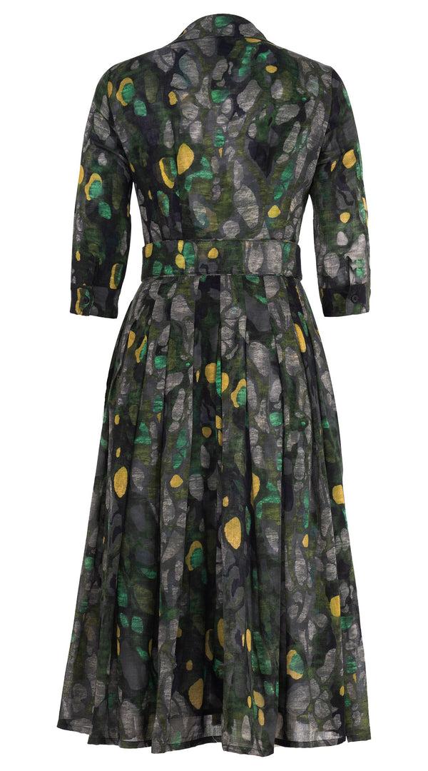 Samantha Sung Audrey Dress #4 Shirt Collar 3/4 Sleeve Midi Length Wool (Rangford Marble) - Taupe Green