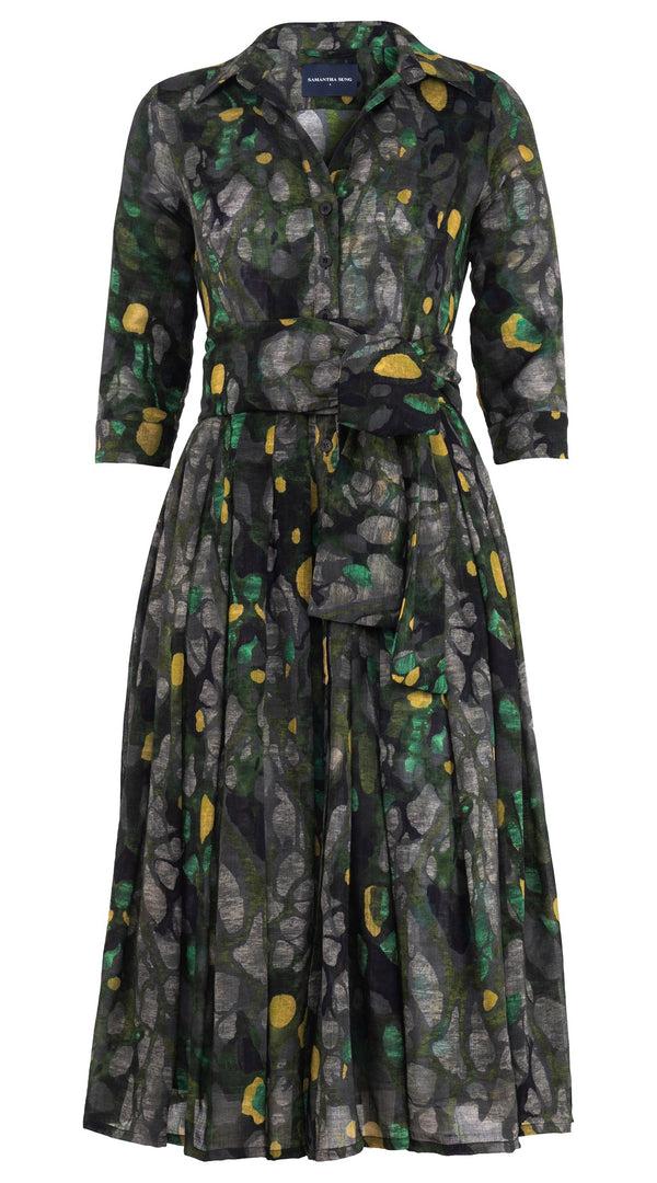 Samantha Sung Audrey Dress #4 Shirt Collar 3/4 Sleeve Midi Length Wool (Rangford Marble) - Taupe Green