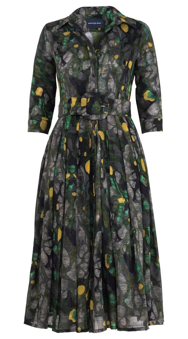 samantha sung Audrey Dress #4 Shirt Collar 3/4 Sleeve Midi Length Wool (Rangford Marble) - Taupe Green