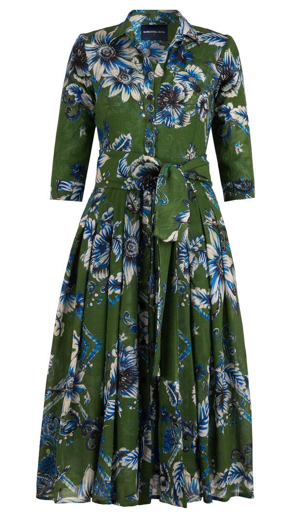 Samantha Sung Audrey Dress #4 Shirt Collar 3/4 Sleeve Midi Length Wool (Flower Luxembrug Ivory) - Sap Green Ivory