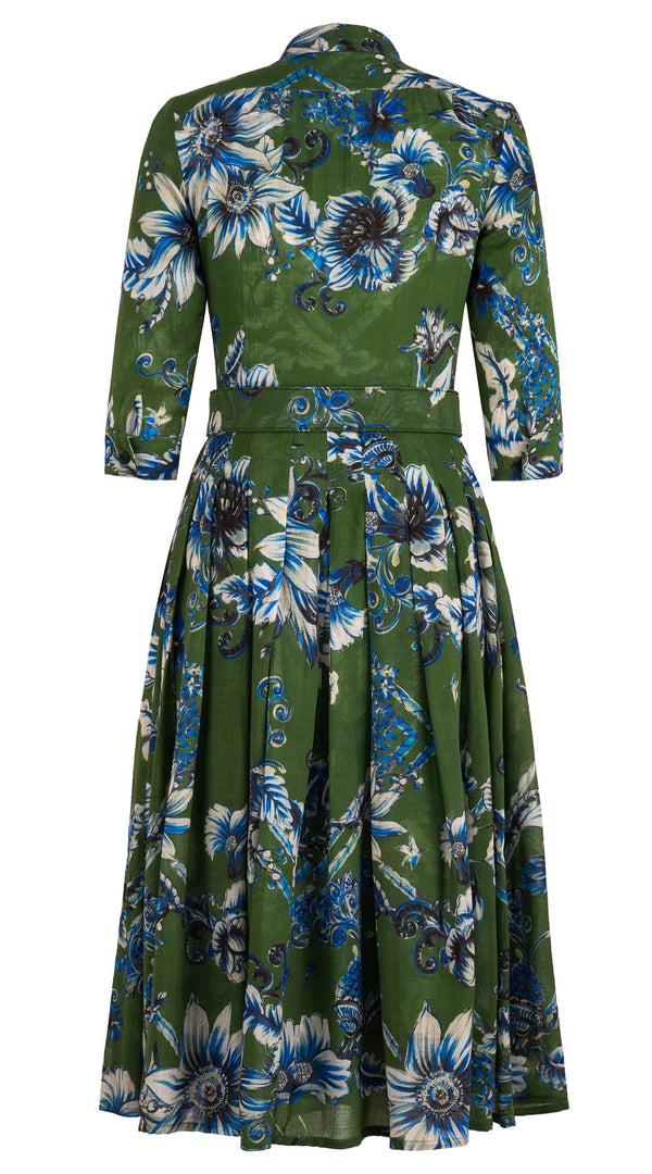Samantha Sung Audrey Dress #4 Shirt Collar 3/4 Sleeve Midi Length Wool (Flower Luxembrug Ivory) - Sap Green Ivory