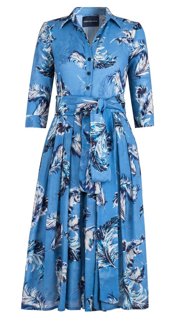Samantha Sung Audrey Dress #4 Shirt Collar 3/4 Sleeve Midi Length Wool (Feather Lightness Dark) - Dusty Blue