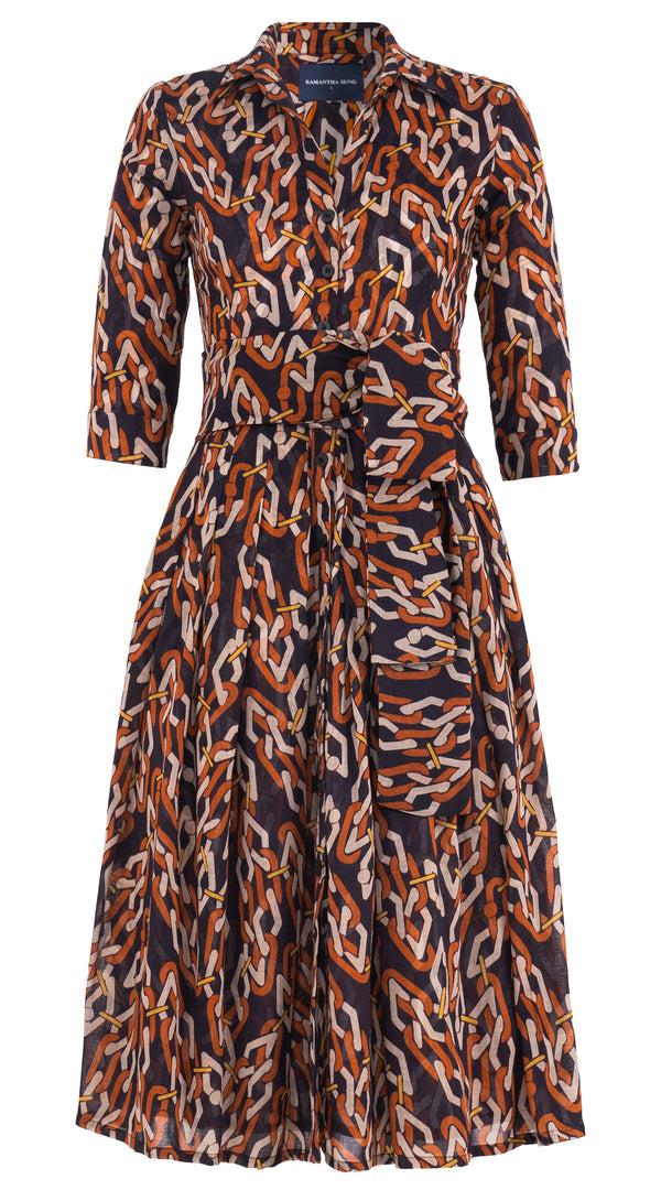 Samantha Sung Audrey Dress #4 Shirt Collar 3/4 Sleeve Midi Length Wool (Multi Chain Dark) - Sepia Orange
