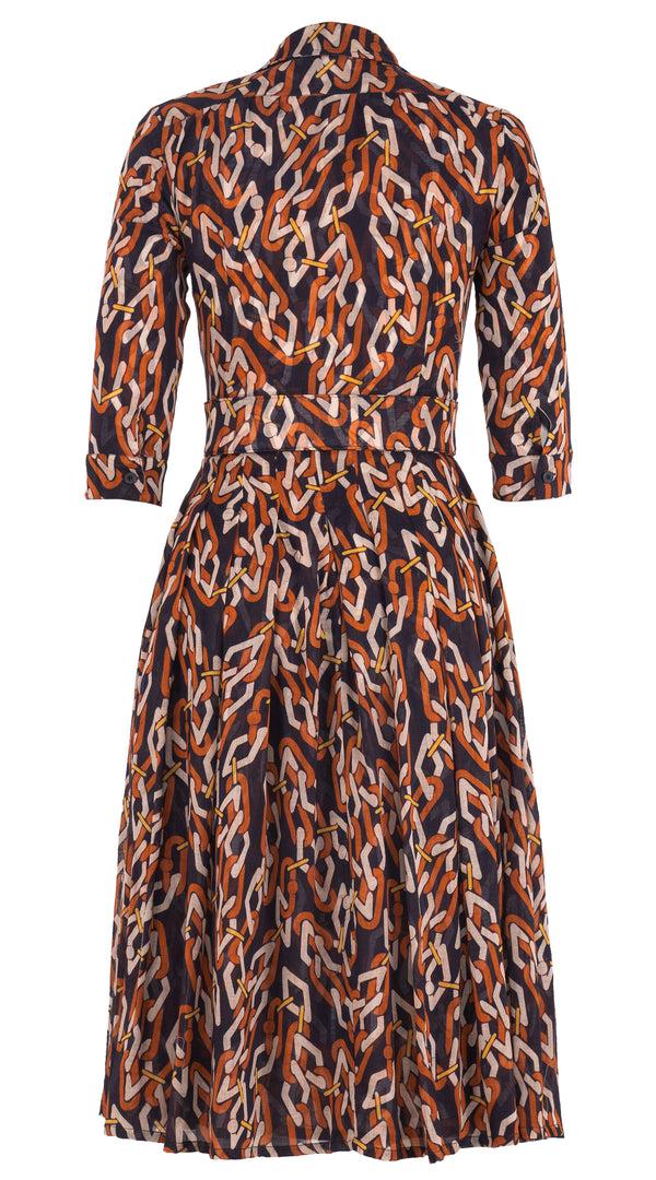 Samantha Sung Audrey Dress #4 Shirt Collar 3/4 Sleeve Midi Length Wool (Multi Chain Dark) - Sepia Orange