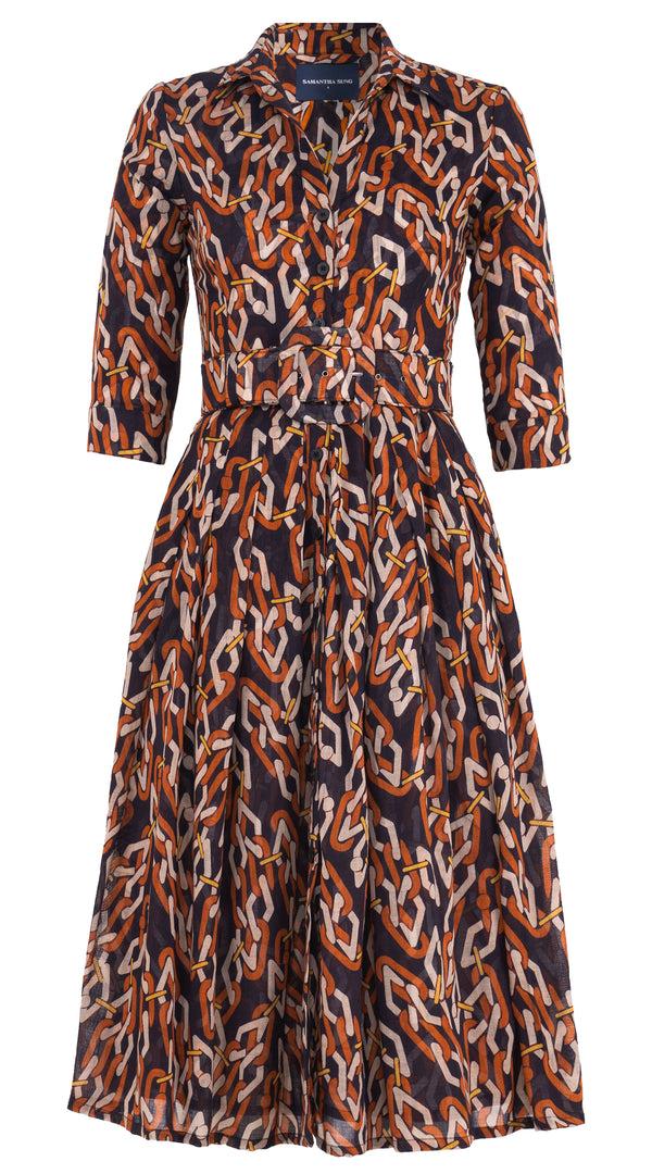 samantha sung Audrey Dress #4 Shirt Collar 3/4 Sleeve Midi Length Wool (Multi Chain Dark) - Sepia Orange