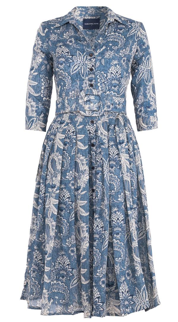 samantha sung Audrey Dress #4 Shirt Collar 3/4 Sleeve Midi Length Wool (Botanic Antique Dark) - Dusty Blue
